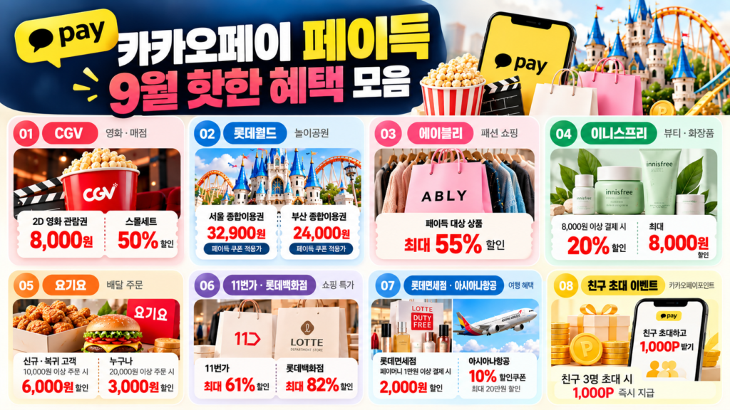 카카오페이 페이득 CGV 8000원 롯데월드 에이블리 요기요 이니스프리 9월 할인 혜택