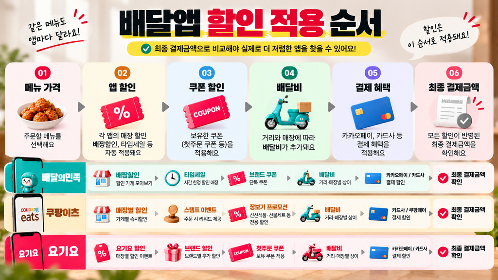 배달의민족 쿠팡이츠 요기요 메뉴 가격 앱 할인 쿠폰 배달비 결제 혜택 비교 방법