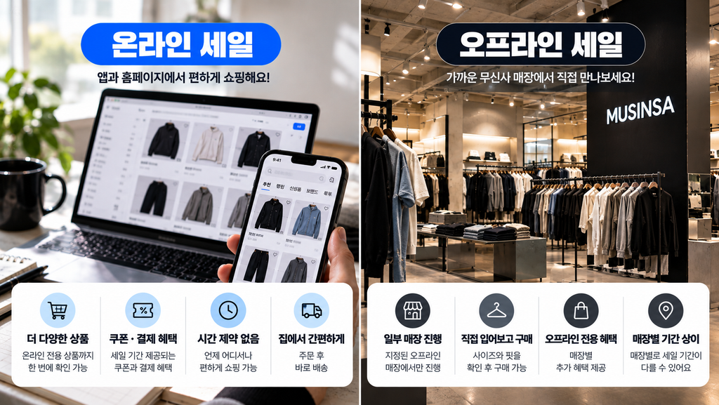 무신사 온라인 세일과 오프라인 세일 이용 방법 및 차이 비교