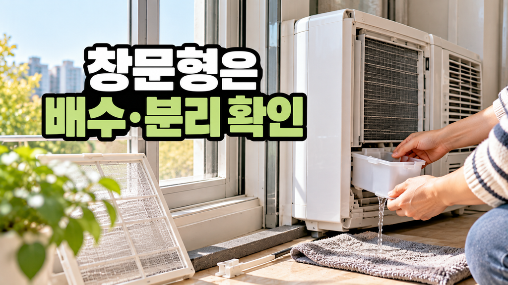 창문형 에어컨 장기보관 전 응축수를 배수하는 모습
