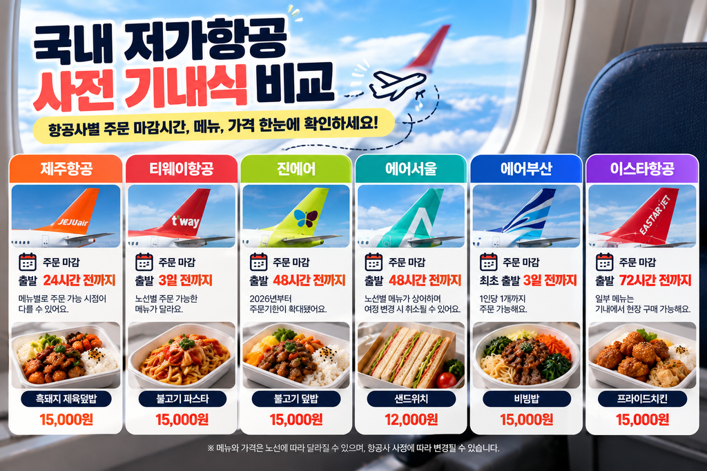 제주항공 티웨이 진에어 에어서울 에어부산 이스타항공 사전 기내식 비교