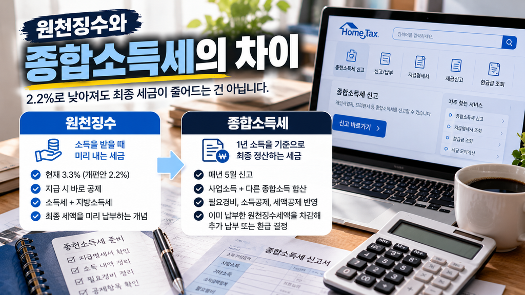 프리랜서 원천징수와 종합소득세 차이 미리 내는 세금과 다음 해 최종 세금 정산