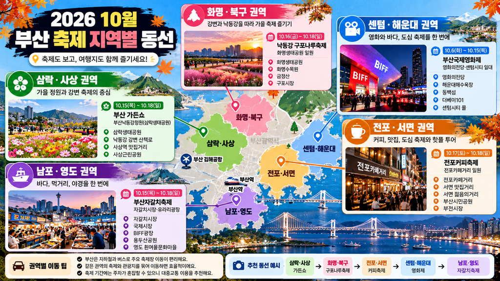 부산 10월 축제 삼락 사상 화명 북구 전포 서면 센텀 해운대 남포 영도 지역별 동선