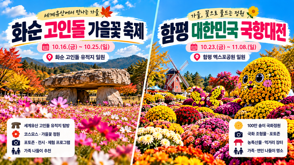 2026 전남 10월 축제 화순 고인돌 가을꽃 축제와 함평 대한민국 국향대전 일정 및 가을꽃 관람 명소