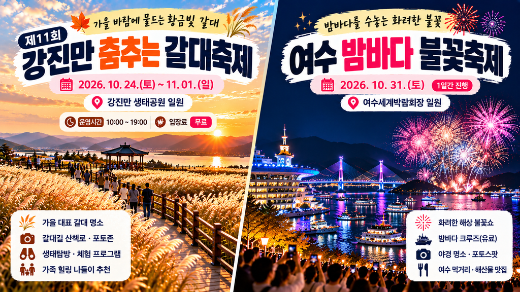 2026 전남 10월 축제 강진만 춤추는 갈대축제 10월 24일부터 11월 1일 및 여수밤바다 불꽃축제 10월 31일 일정