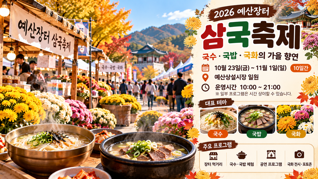 2026 예산장터 삼국축제 일정과 장소, 국수 국밥 국화 전시 및 주요 프로그램 안내