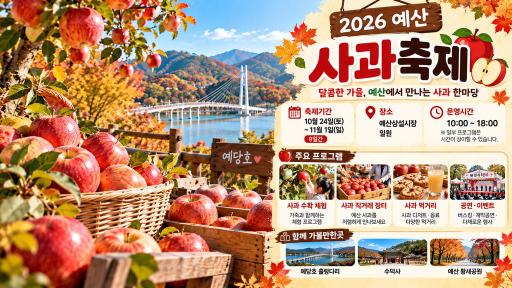 2026 예산 사과축제 일정과 장소, 사과 직거래 및 체험 프로그램과 예당호 가볼만한곳