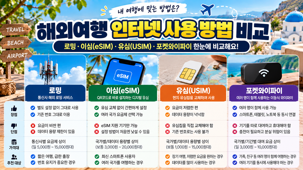 해외여행 통신사 로밍 이심 유심 포켓와이파이 장단점 비교