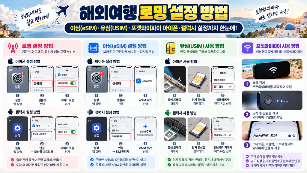 해외여행 로밍 이심 유심 포켓와이파이 사용 및 설정 방법 안내