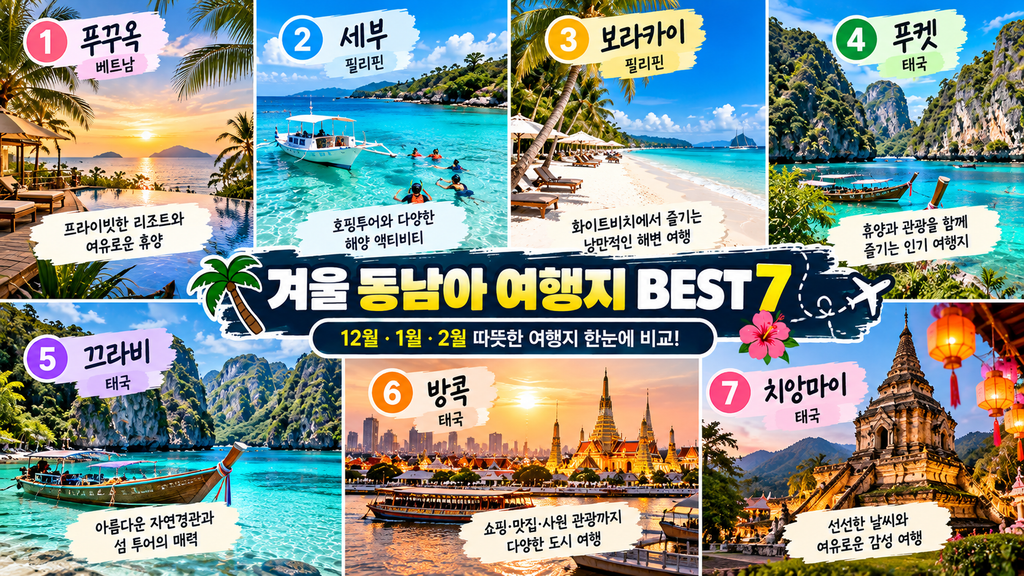 겨울 동남아 여행 추천 푸꾸옥 세부 보라카이 푸켓 끄라비 방콕 치앙마이 대표 풍경 비교
