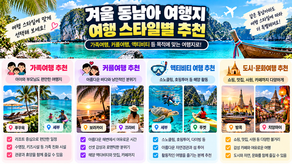 겨울 동남아 가족여행 커플여행 액티비티 도시여행 목적별 추천 여행지