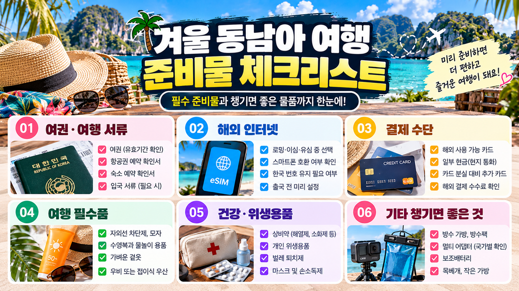 겨울 동남아 여행 준비물 체크리스트 여권 해외 인터넷 결제수단 상비약 필수품