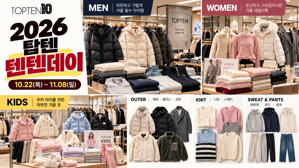 탑텐 탑텐키즈 겨울 의류 패딩 플리스 니트 맨투맨 등 상품군 이미지
