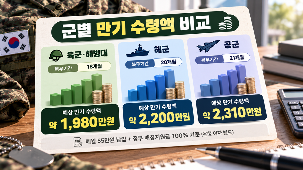 2026 군인적금 육군 해군 공군 복무기간별 만기 수령액 비교
