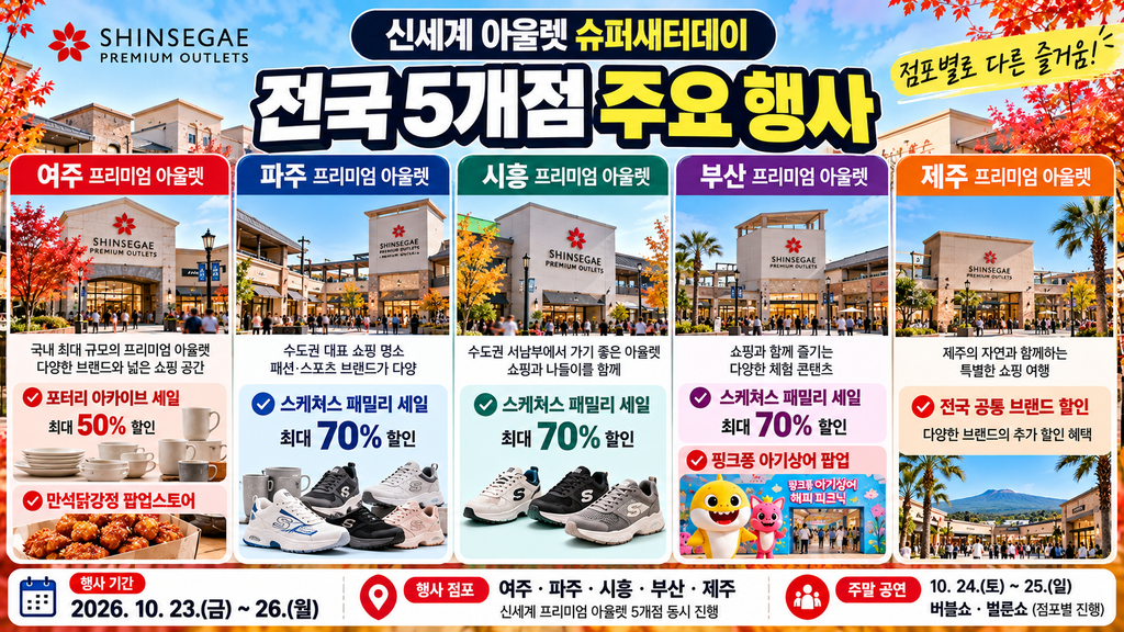 신세계 아울렛 슈퍼새터데이 여주 파주 시흥 부산 제주 5개점 특별 행사