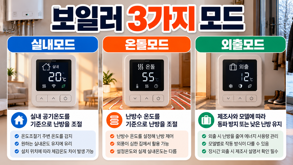 보일러 실내모드 온돌모드 외출모드의 작동 기준과 차이를 비교한 이미지