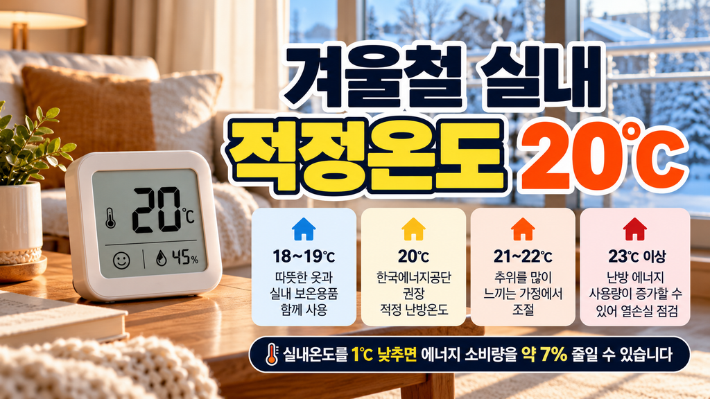 겨울철 실내 적정온도 20도를 표시한 온도계와 난방온도 관리 안내 이미지
