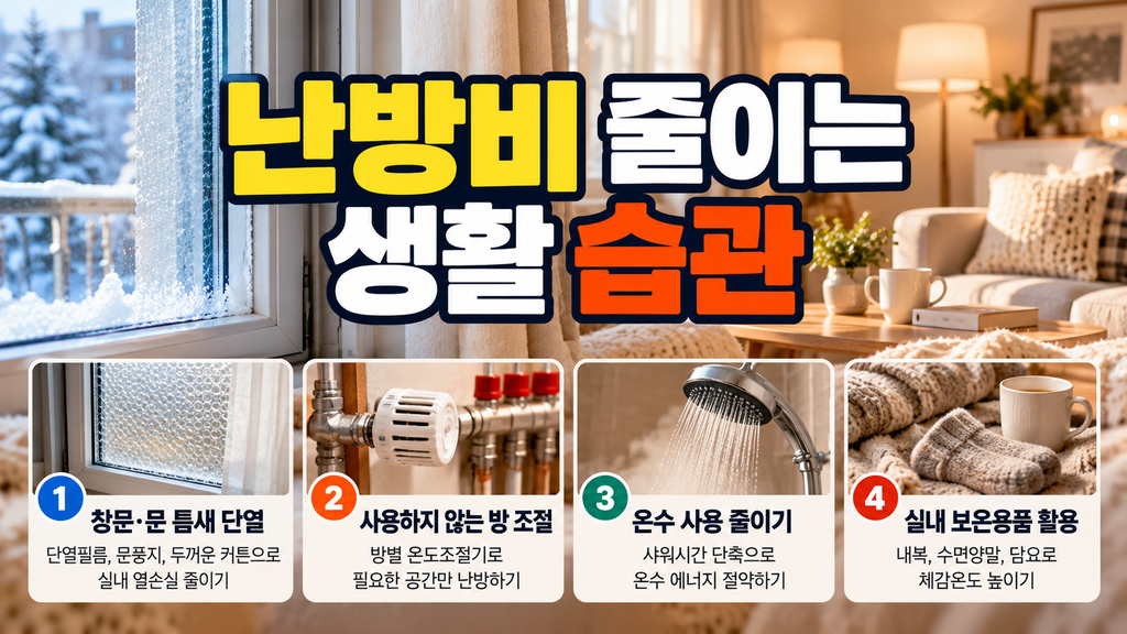 난방비 절약을 위한 창문 단열, 방별 난방 조절, 온수 사용 줄이기, 실내 보온 방법