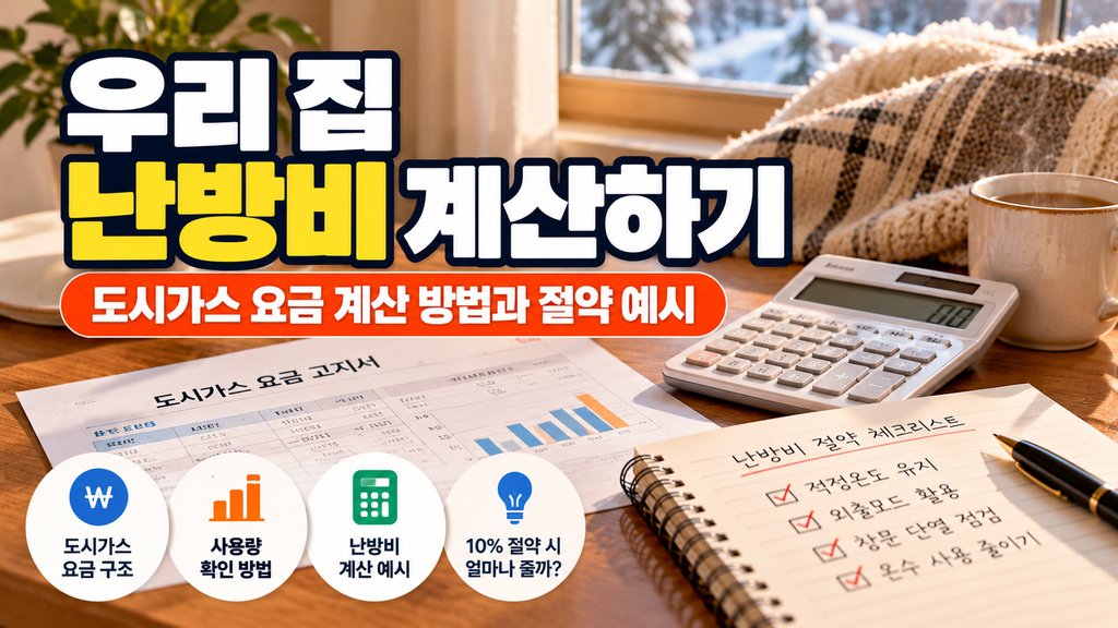 도시가스 요금 고지서와 계산기를 활용해 우리 집 난방비 계산 방법을 설명하는 이미지