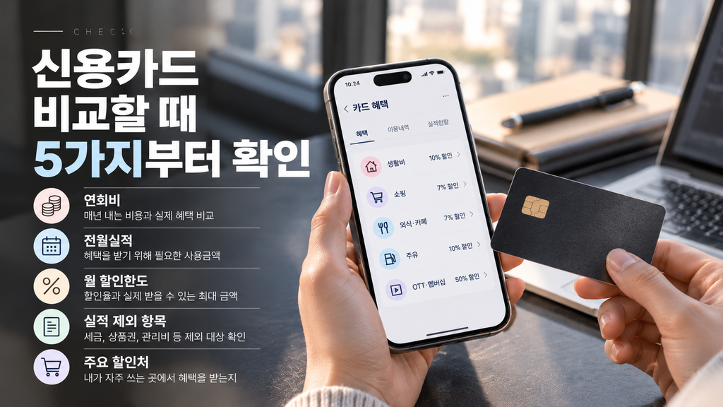 신용카드 비교할 때 연회비 전월실적 할인한도 실적 제외 항목 확인