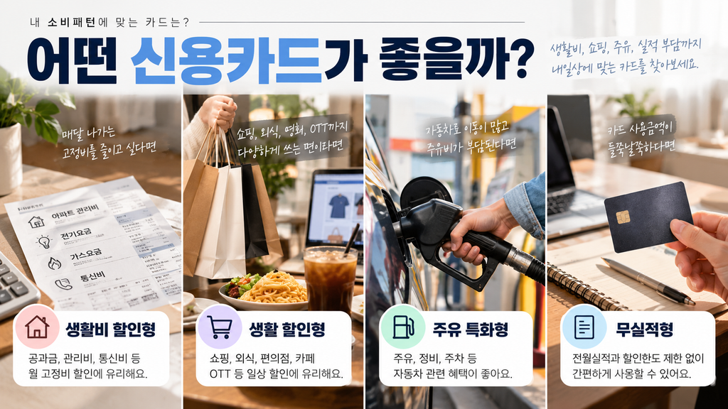 소비패턴별 신용카드 비교 추천 생활비 쇼핑 주유 무실적 카드 비교