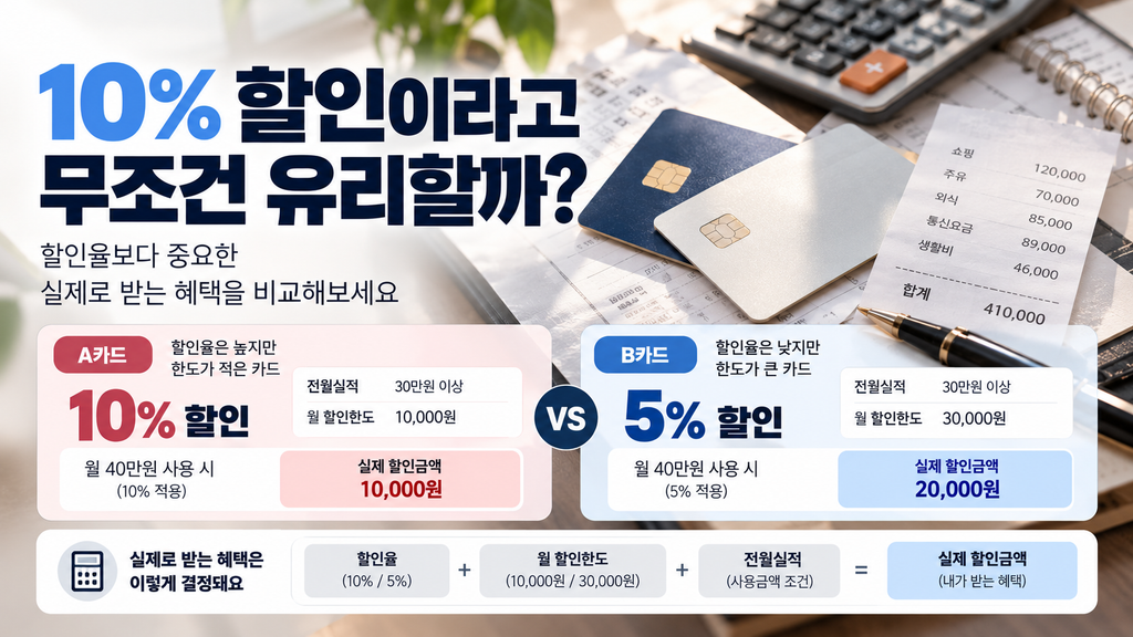 신용카드 할인율 월 할인한도 전월실적 실제 할인금액 비교