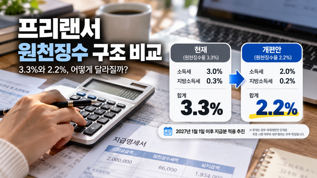 프리랜서 3.3% 원천징수 개편안 2.2% 소득세 지방소득세 구성