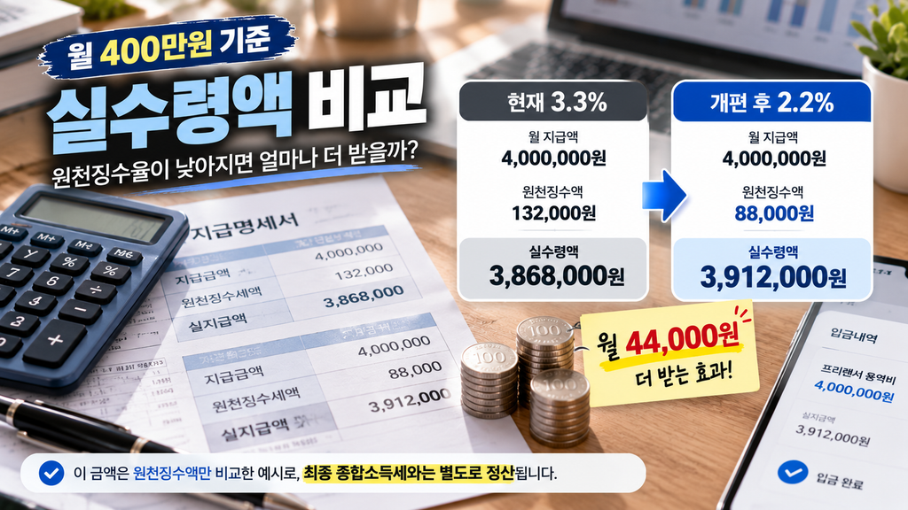 프리랜서 월 400만원 기준 3.3%와 2.2% 원천징수 실수령액 44000원 차이