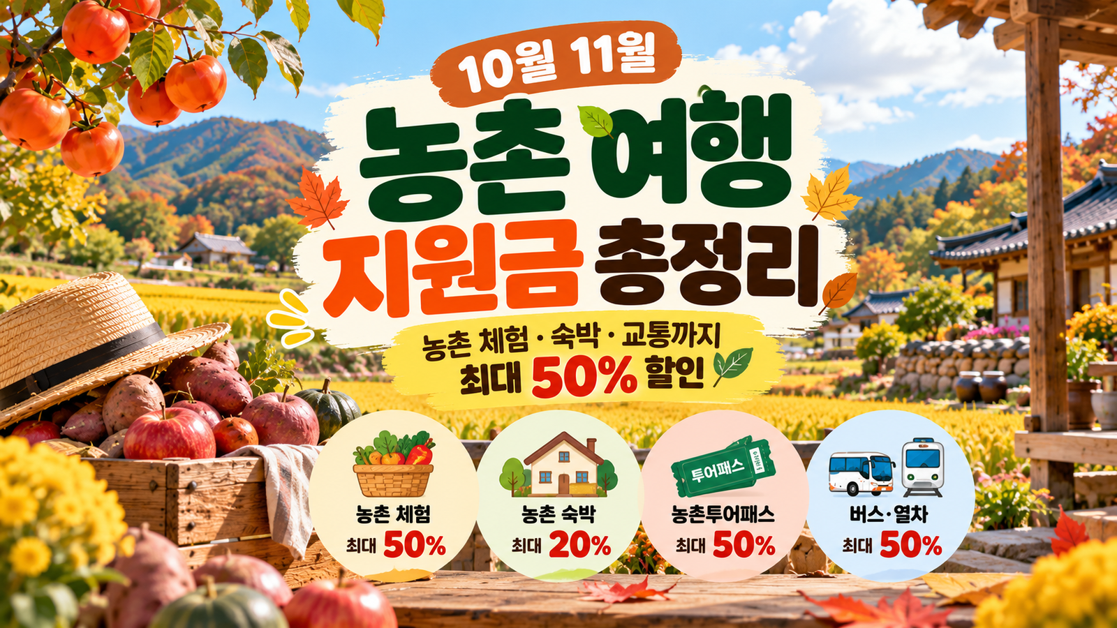 10월 11월 농촌 여행 지원금 총정리｜농촌 체험·숙박 최대 50% 할인