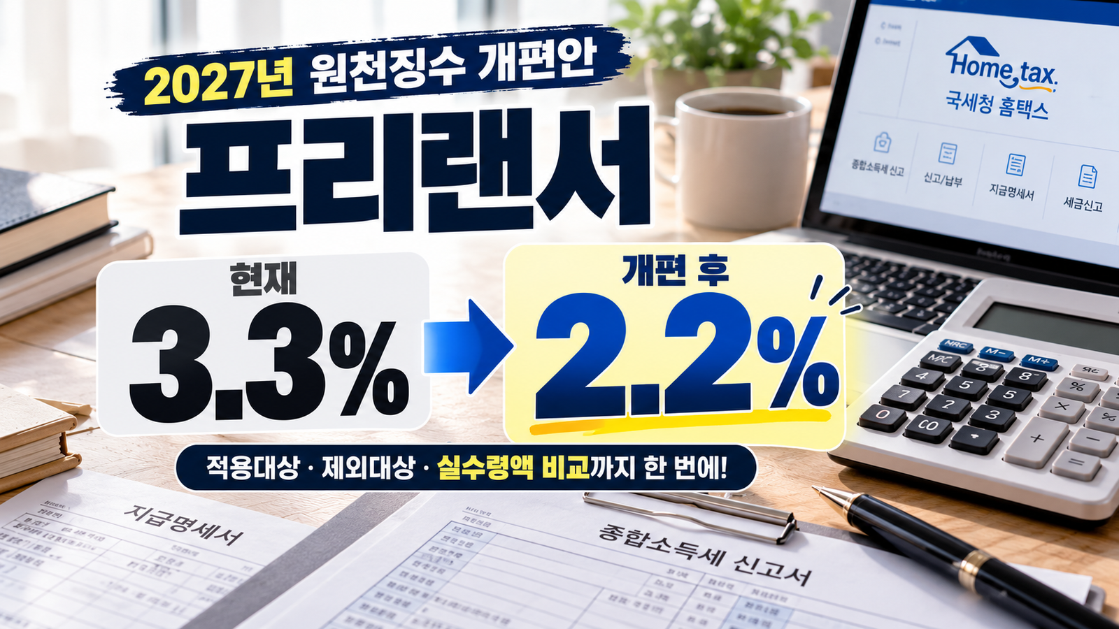 프리랜서 3.3%에서 2.2% 원천징수 개편안 2027년 적용대상과 제외대상